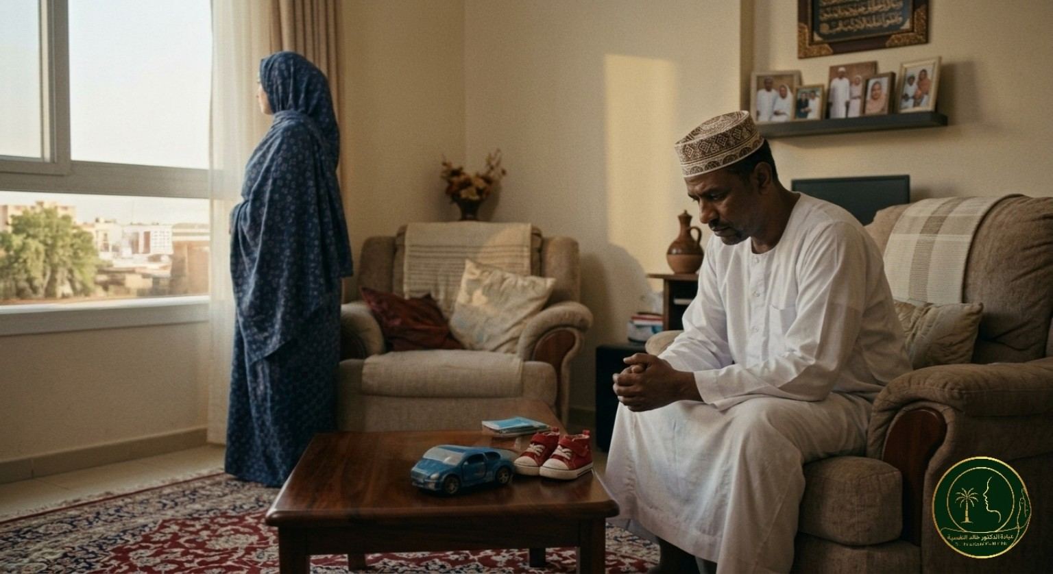رجل وامرأة سودانيان داخل منزل وبينهما مسافة عاطفية مع ألعاب طفل في المقدمة